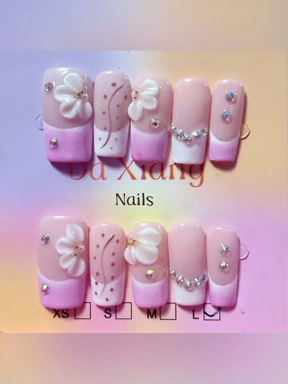 Pink Floral Acrylic Press-On Nail Set with Rhinestones